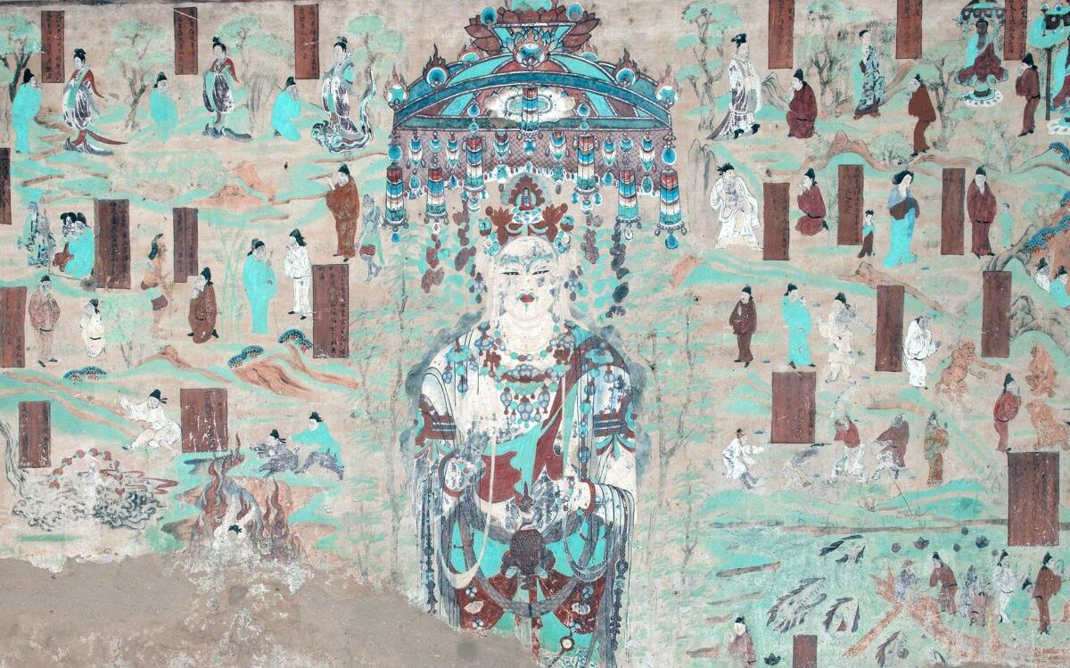 Wall painting from Dunhuang, central figure of Bodhisattva with canopy above, surrounded by doors and human figures (British Library, courtesy of Dunhuang Academy)