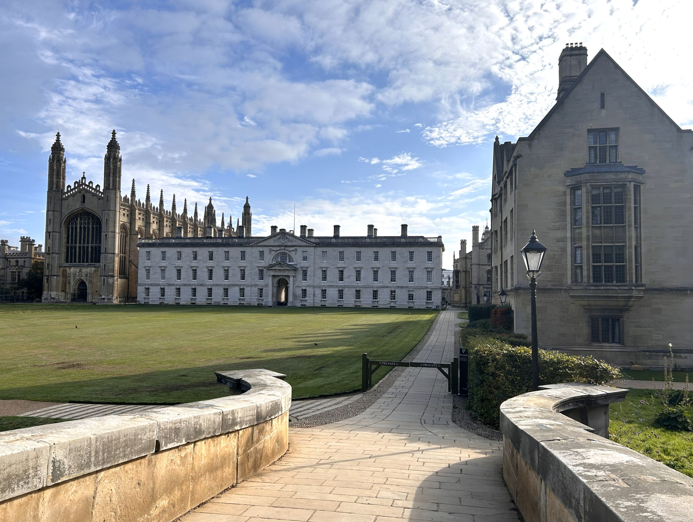 View of the Chapel, Gibbs and Bodley's from the bridge