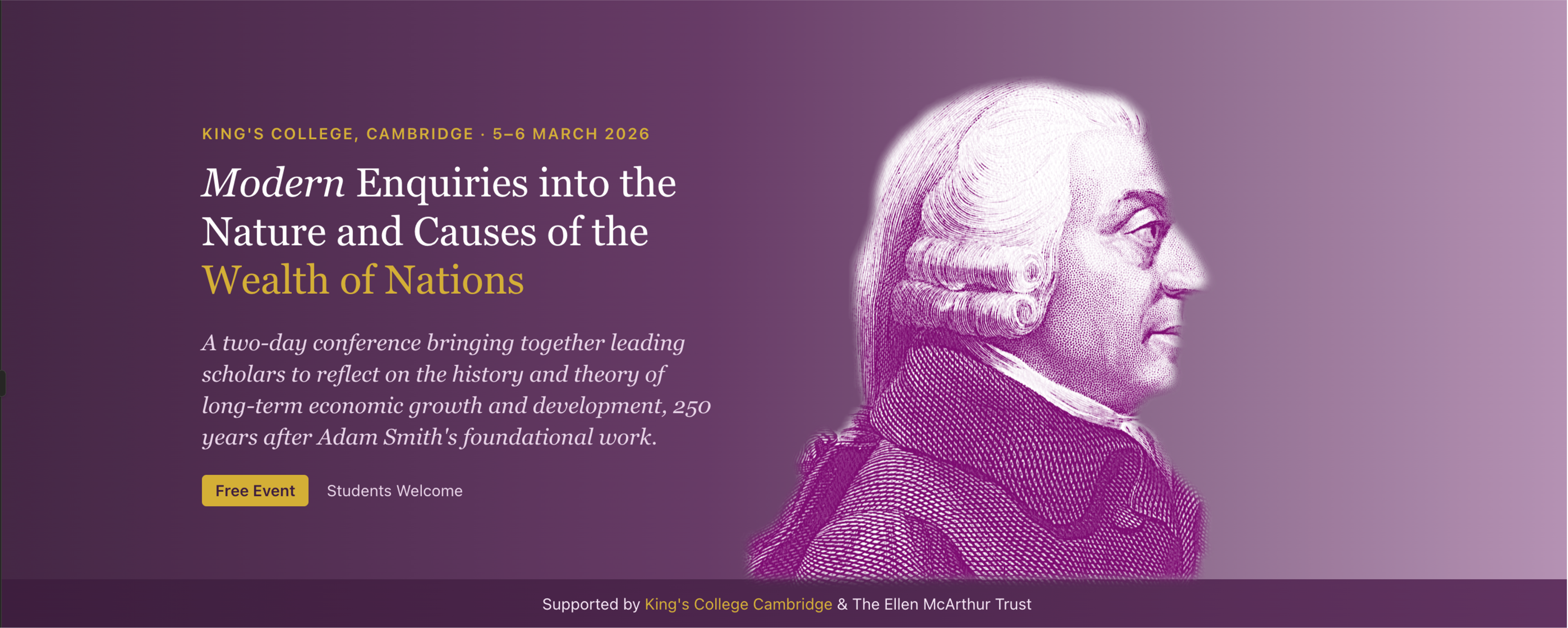 Image of Adam Smith with text about conference to the left side.