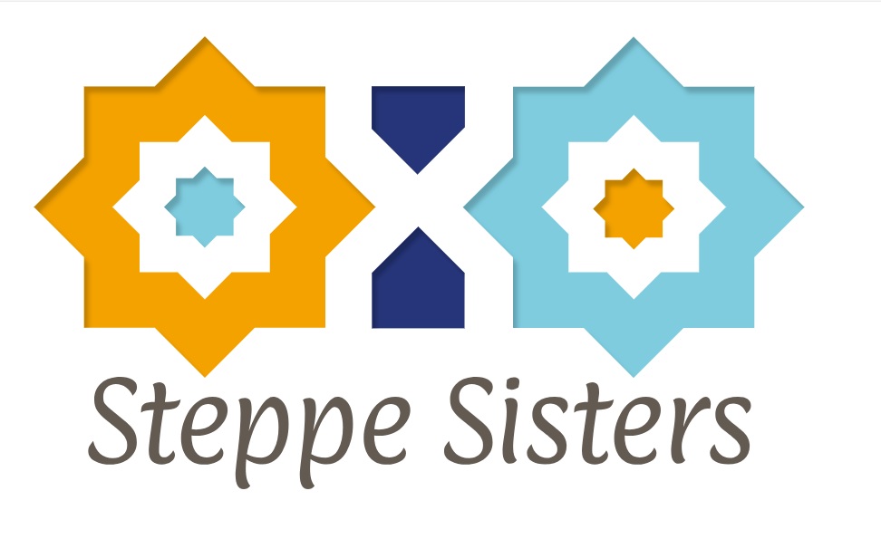 Logo of steppe sisters, orange and turquoise wight pointed stars and triangular shape in between, imitating tiles of the Mongol and Timurid periods in Central Asia 