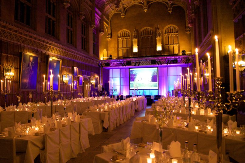 King's College Hall fully laid out for a dinner