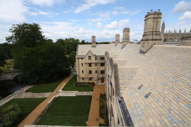 A bird's eye level view of a restored roof