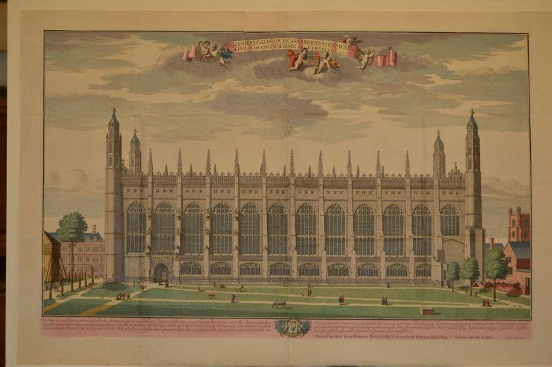 Early eighteenth century engraving of the south side of the Chapel, showing wooden belfry at the west end and half-cut stone on the Front Lawn. [KCC/123]
