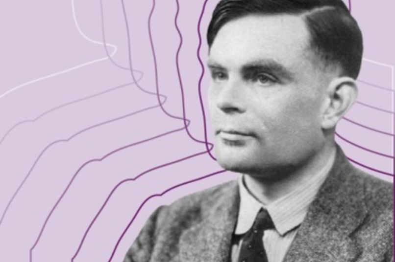 Graphic of Alan turing on a purple background