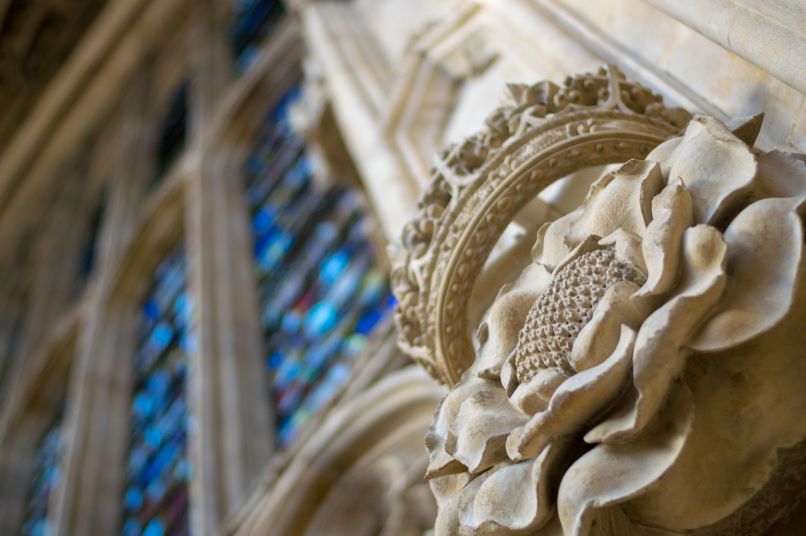 Decorative plasterwork of a Tudor rose and crown