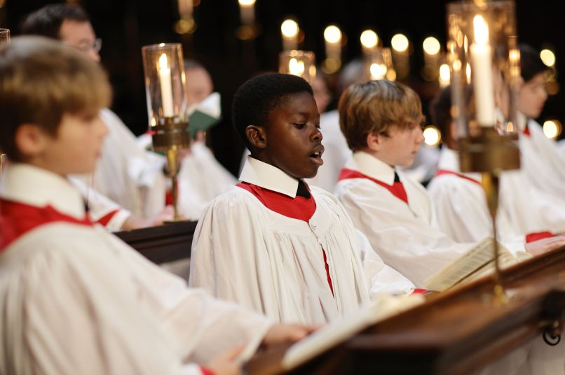 Choristers performing in King's College Chapel, photo by Leon Hargraves