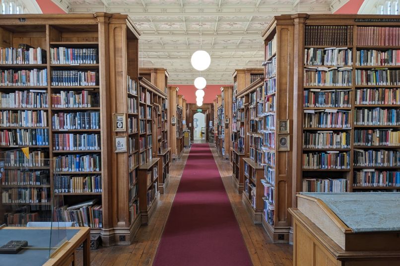 Library interior with rows of bookshelves