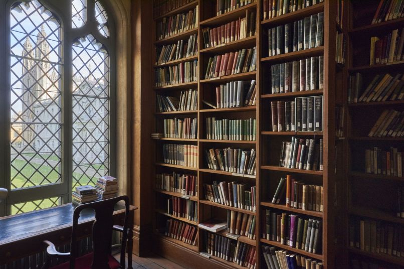 A set of bookshelves filled with historic books and a window on the left, photographed by Sara Rawlinson