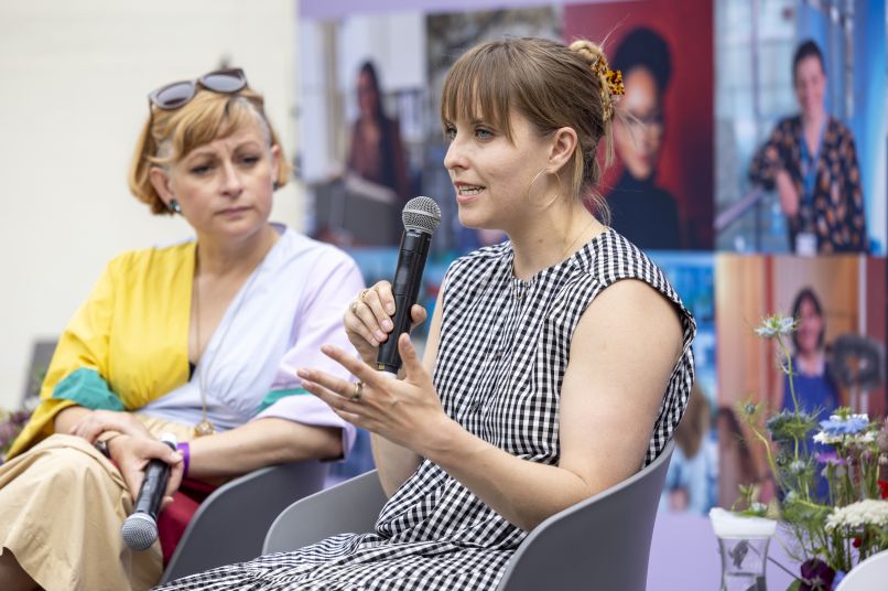 Two women giving a talk