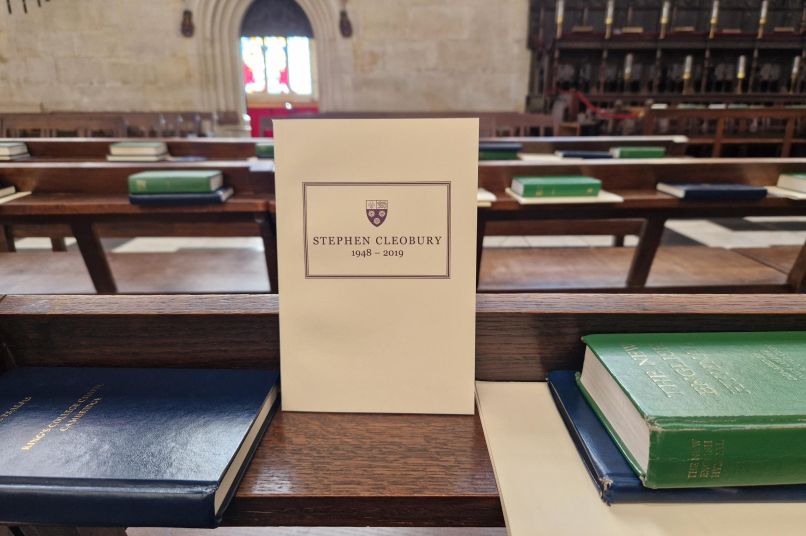 A copy of the Stephen Cleobury memorial booklet in Chapel 