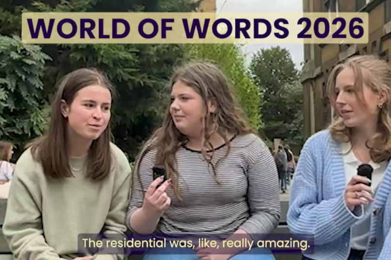 Three students discussing the World of Words Residential
