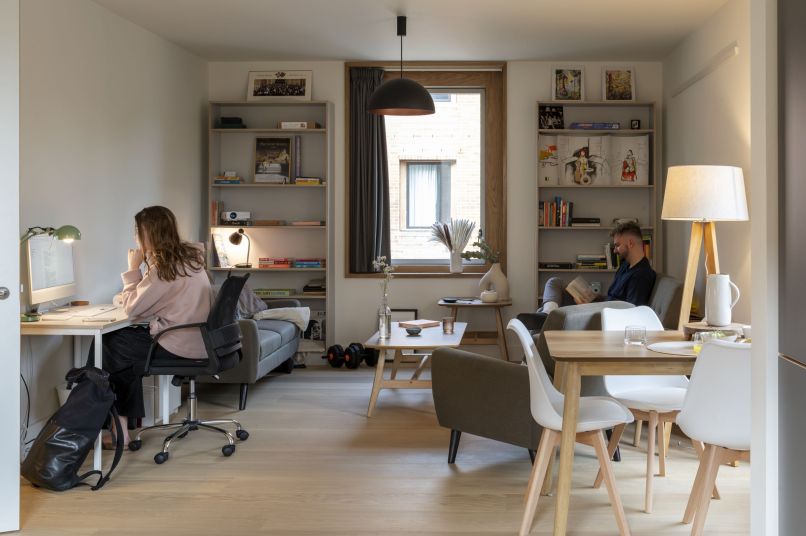 Two graduate students working in their living room