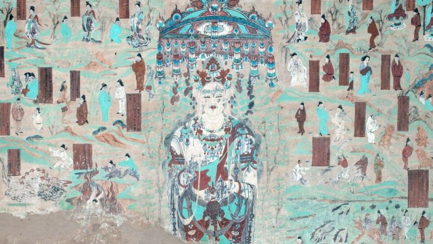 Wall painting from Dunhuang, central figure of Bodhisattva with canopy above, surrounded by doors and human figures (British Library, courtesy of Dunhuang Academy)