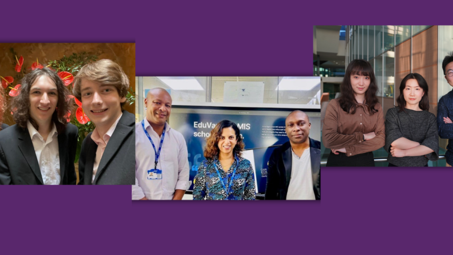 Three photos of the three winning teams, each with three smiling winners.