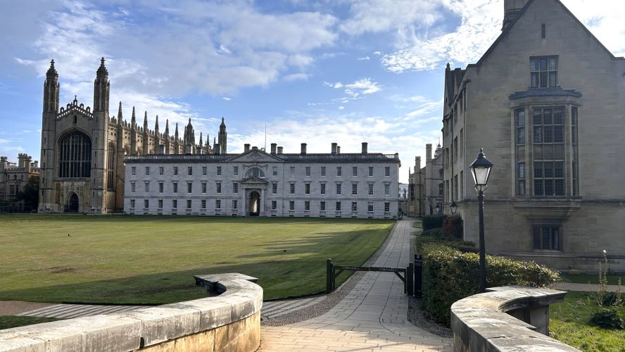 View of the Chapel, Gibbs and Bodley's from the bridge