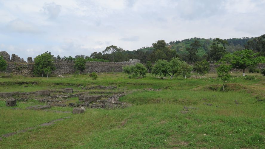 Grey stone ruins on a green, leafy landscape