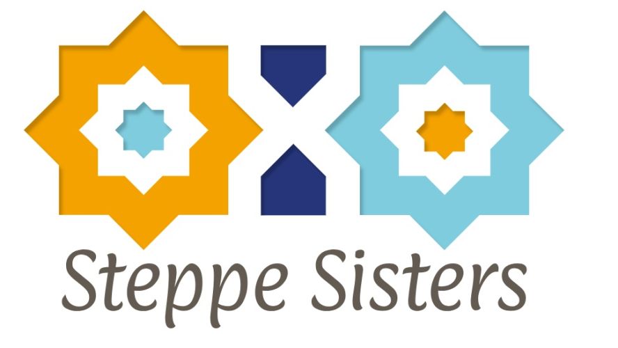 Logo of steppe sisters, orange and turquoise wight pointed stars and triangular shape in between, imitating tiles of the Mongol and Timurid periods in Central Asia 
