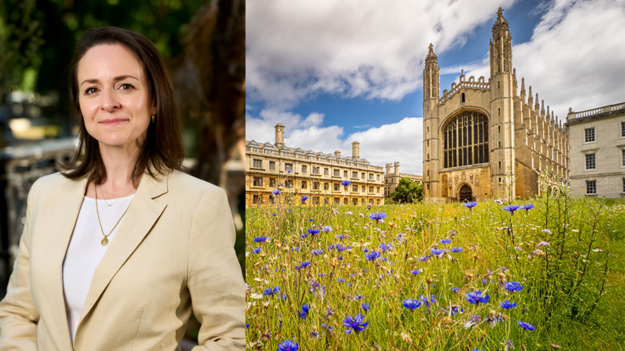 a composite image with a white woman on the left and a landscape image with a wildflower meadow and King's College Chapel on the left