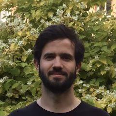 a man with dark hair and dark t shirt in front of a green bush