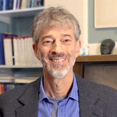David Hillman, a smiling man with grey hair and a short beard. He is wearing a blue shirt and a grey blazer. He is standing in front of a fire place and a book shelf