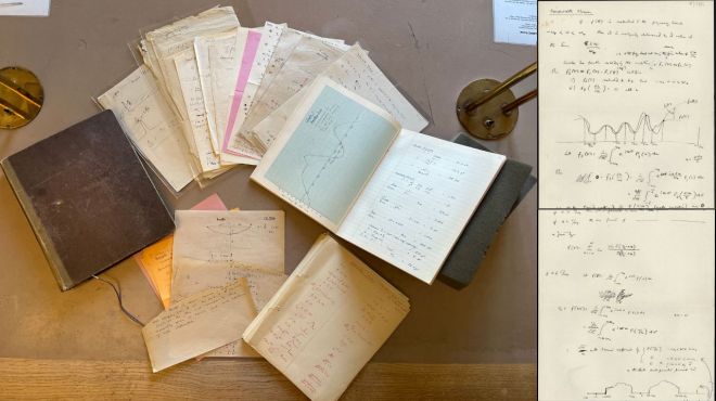A selection of mid-century notebooks and papers with handwritten mathematic graphs, equation and writing.