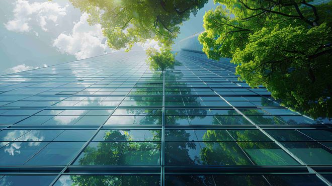 Multiple reflective glass windows viewed from below framed by a tree and a sunny, cloudy sky 