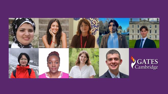 Profiles of the nine Gates Scholars 2025 against a purple background 