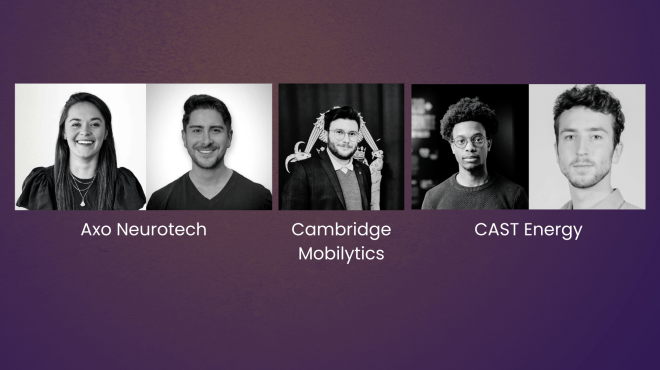 Five black and white profile photos of the entrepreneurs behind Axo Neurotech, Mobilytics and CAST Energy against a purple background