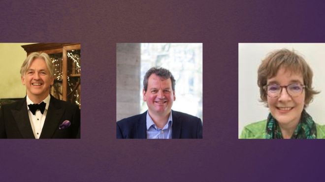 Profile photos of two men and a woman smiling against a purple background. All are smartly dressed