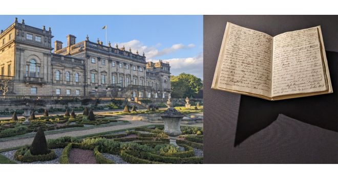 A large stately home with topiary next to an image of the Sanditon manuscript