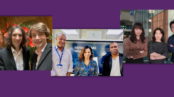 Three photos of the three winning teams, each with three smiling winners.