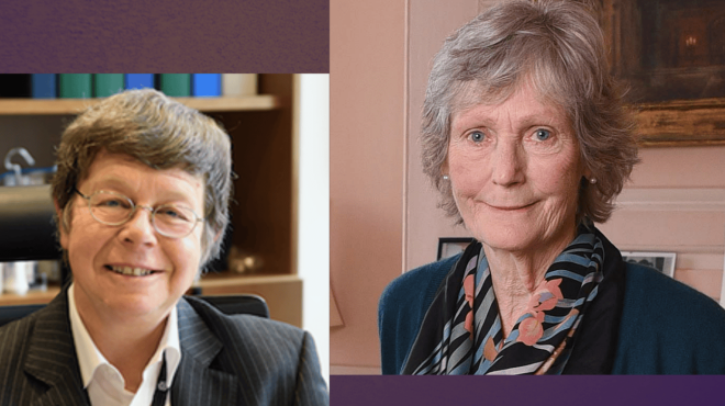 A photo of a smiling woman with short hair and glasses next to another smiling woman wearing a floral scarf. These photos are on a purple background.