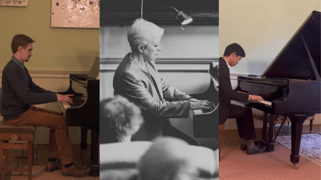 Susan Tomes and the two winners of the prize photographed playing piano 