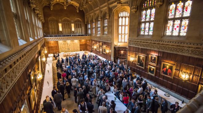 aerial view of large gothic dining hall