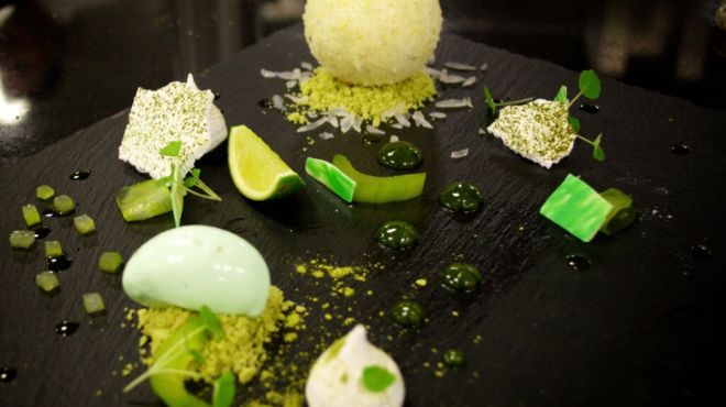 a deconstructed mojito dessert on a slate serving board