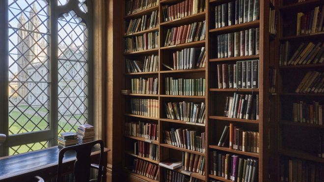 bookshelves desk chair and window