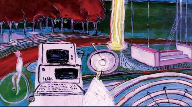 A vivid painting in magenta, red, green and blue. The artwork captures the tension between nature and technology. We see trees, a pillar, a computer all in a retro futuristic style.