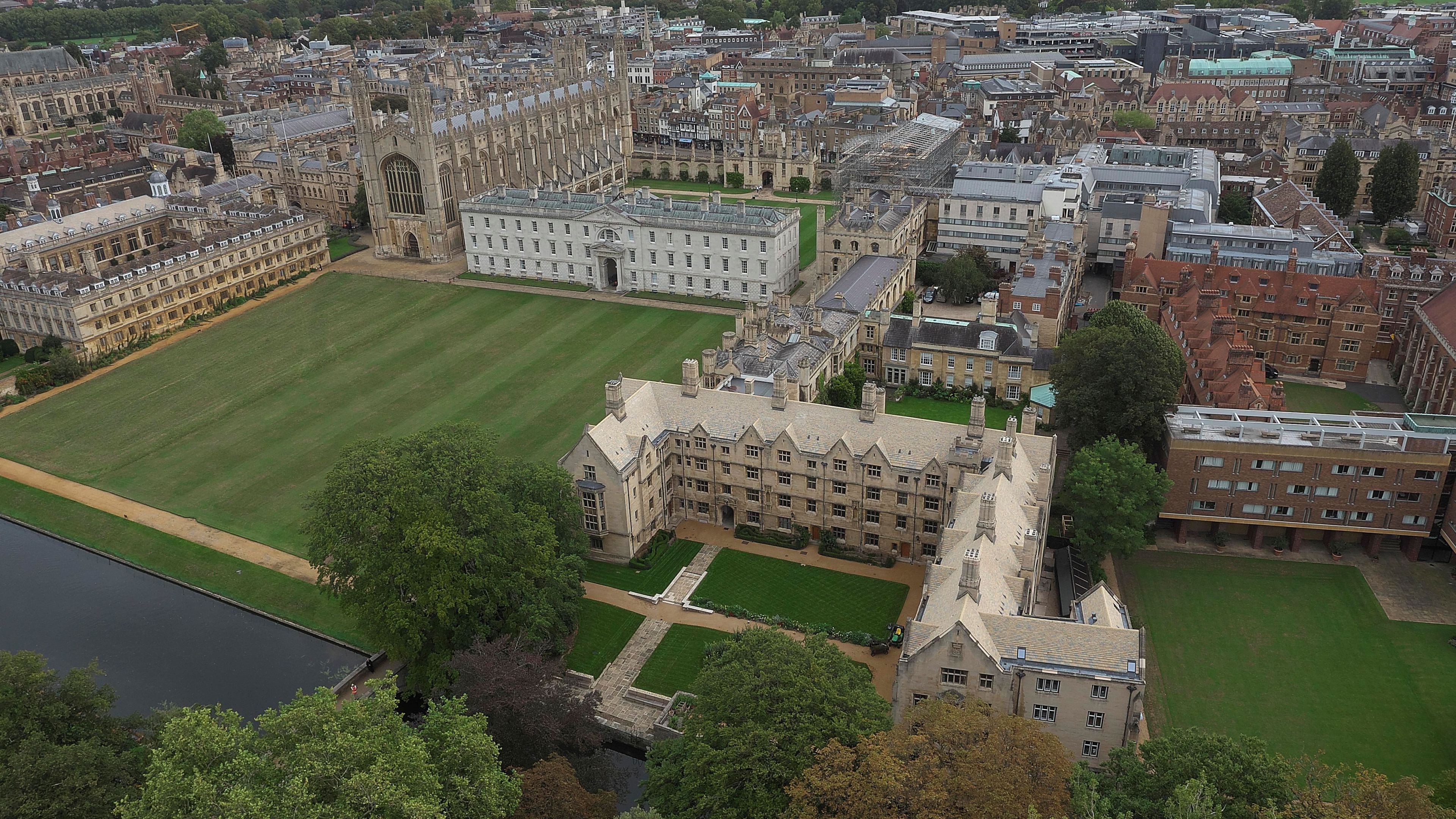 An aerial view of buildings and lawn at King's College Cambridge