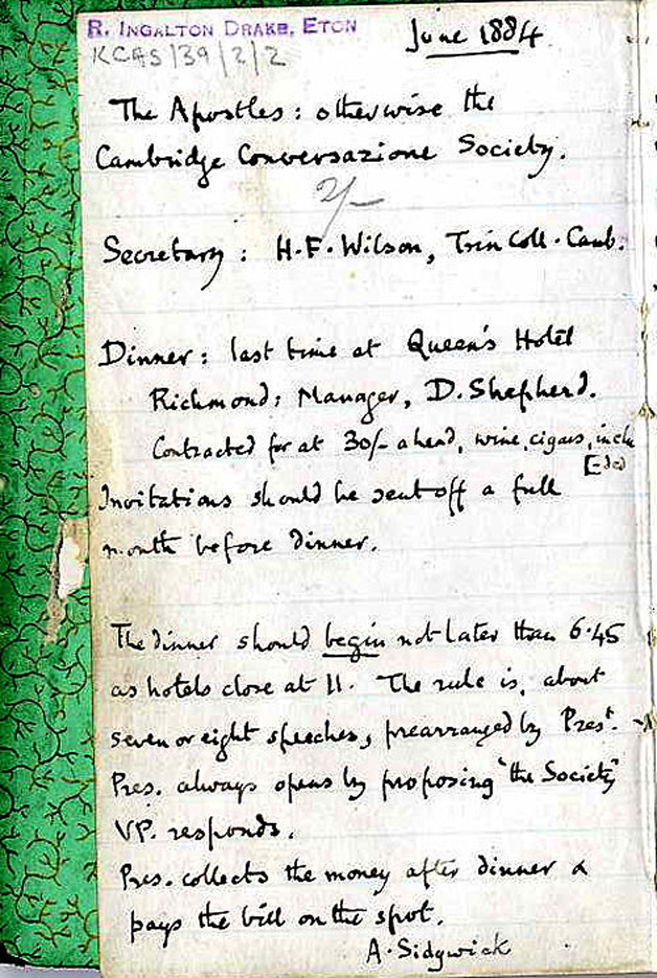 Page of rules for Apostles annual dinners, 1884 (KCAS/39/2/2)