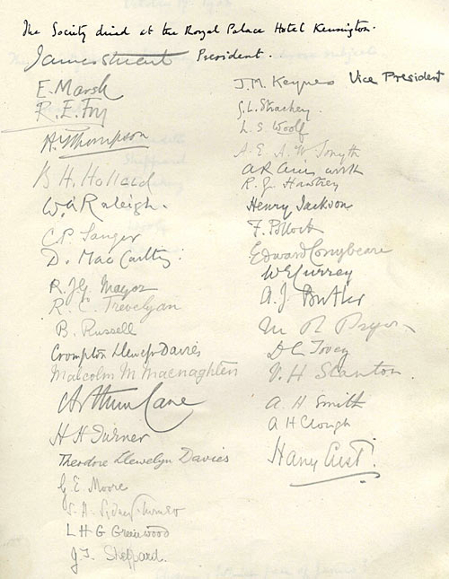 Membership list indicating John Maynard Keynes as vice-president, 1903 (KCAS/39/1/14)
