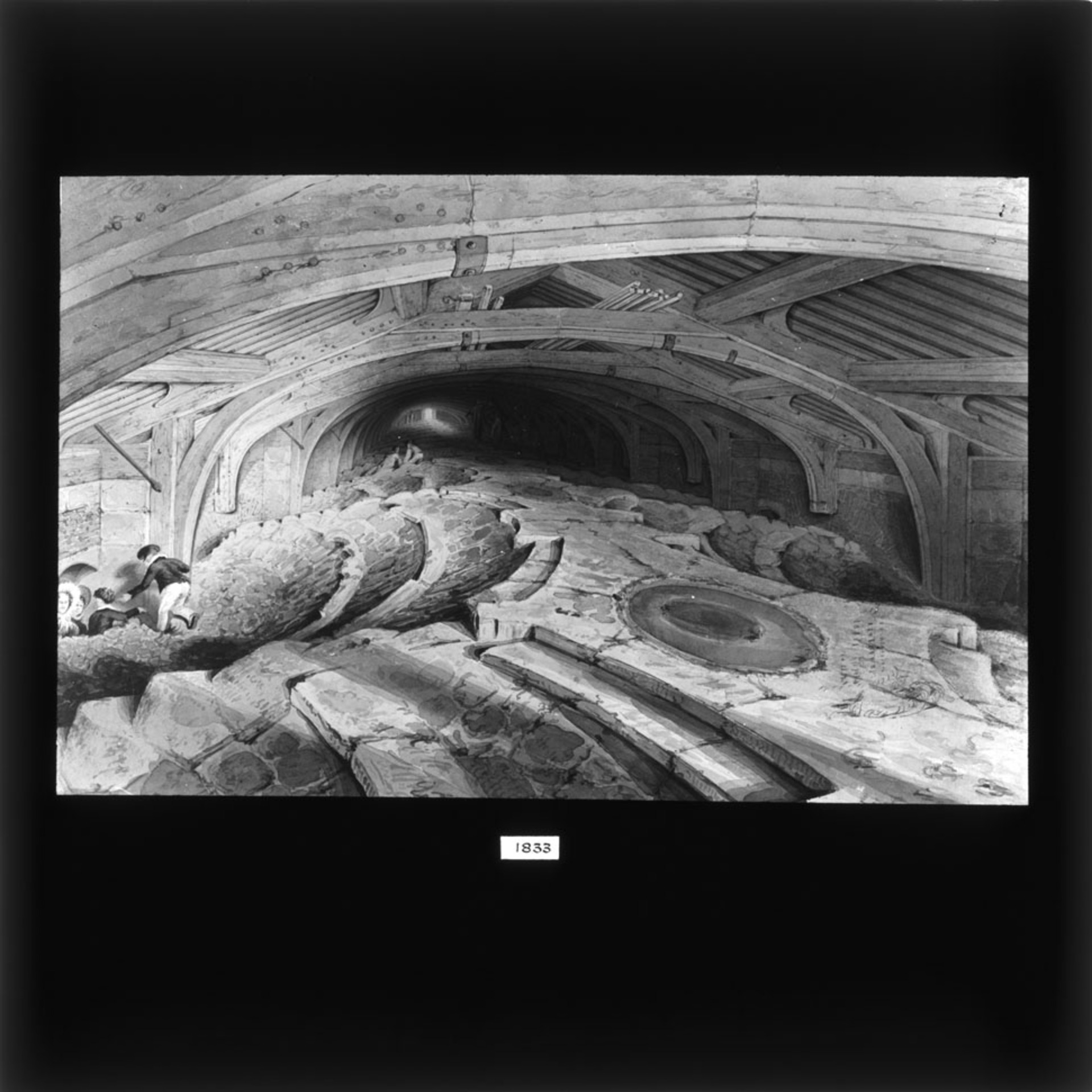 Monochrome wash of the space between the vault and the roof, painted by E Challis, 1833. [JS/4/13/07]