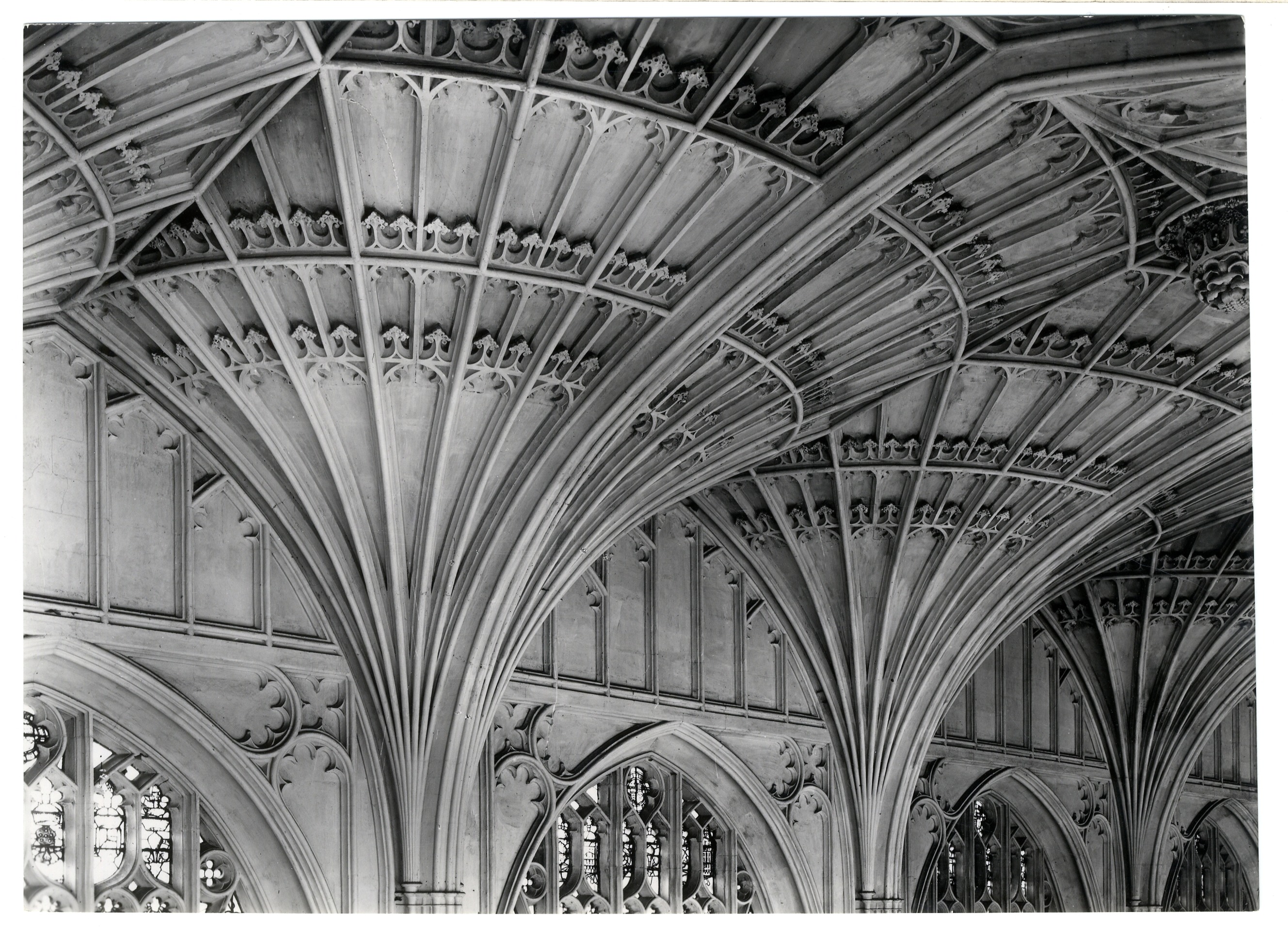 Detail of fan-vault on south side of the ante-chapel. Photograph: RCHM, 1949.[Coll-Ph-741]