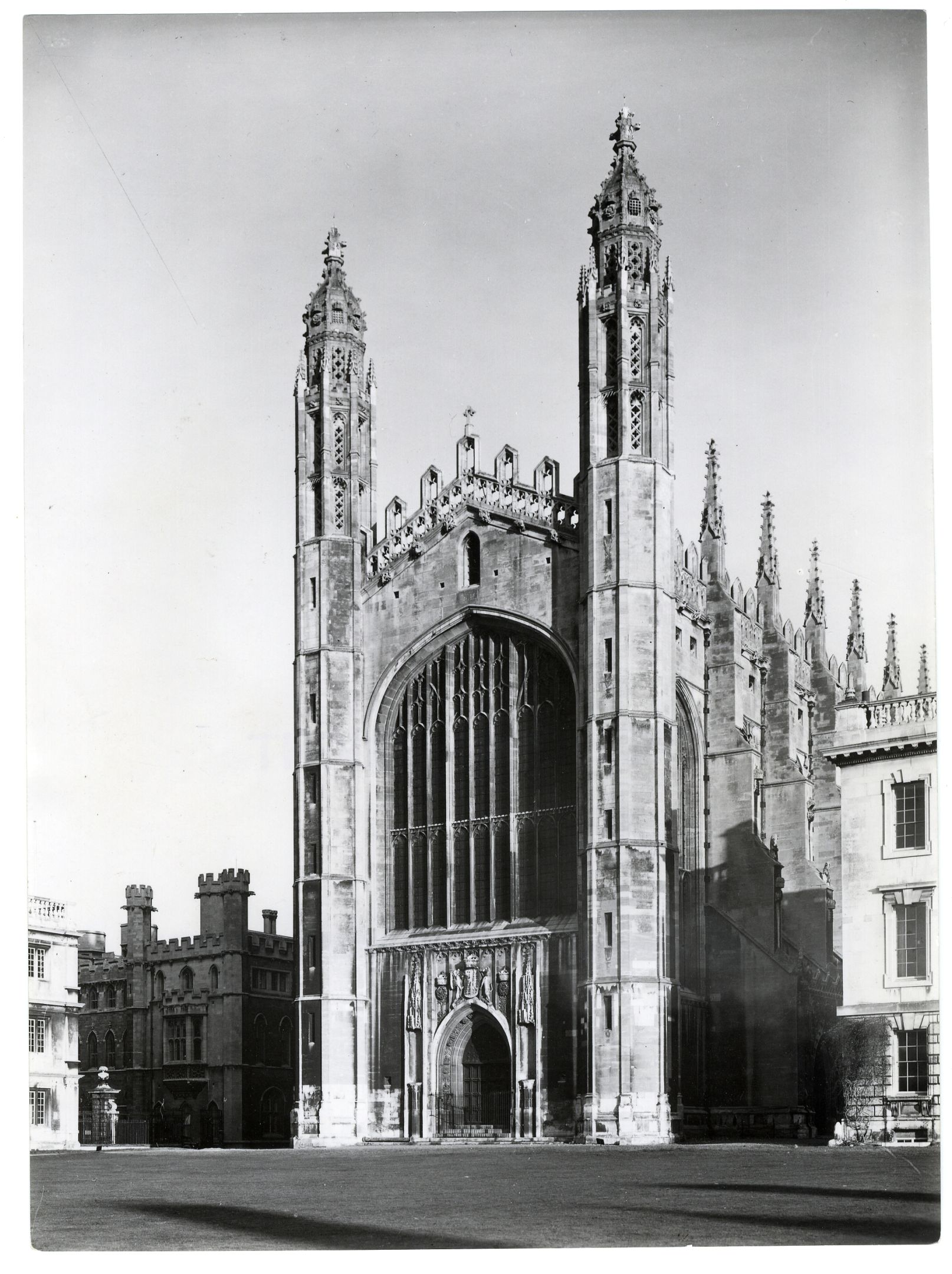 West front of Chapel, showing the stone used in the first period (the paler stone at the base of the towers). Photograph: RCHM, 1949. [Coll-Ph-753]