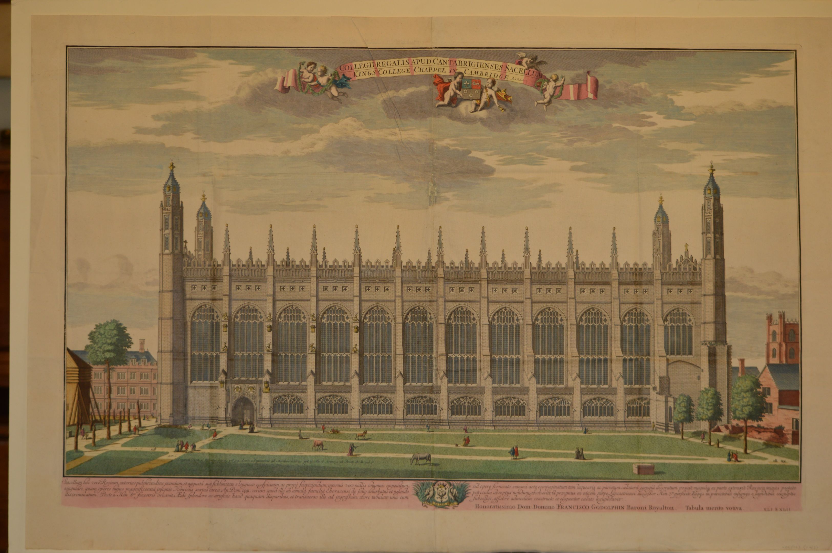 Early eighteenth century engraving of the south side of the Chapel, showing wooden belfry at the west end and half-cut stone on the Front Lawn. [KCC/123]