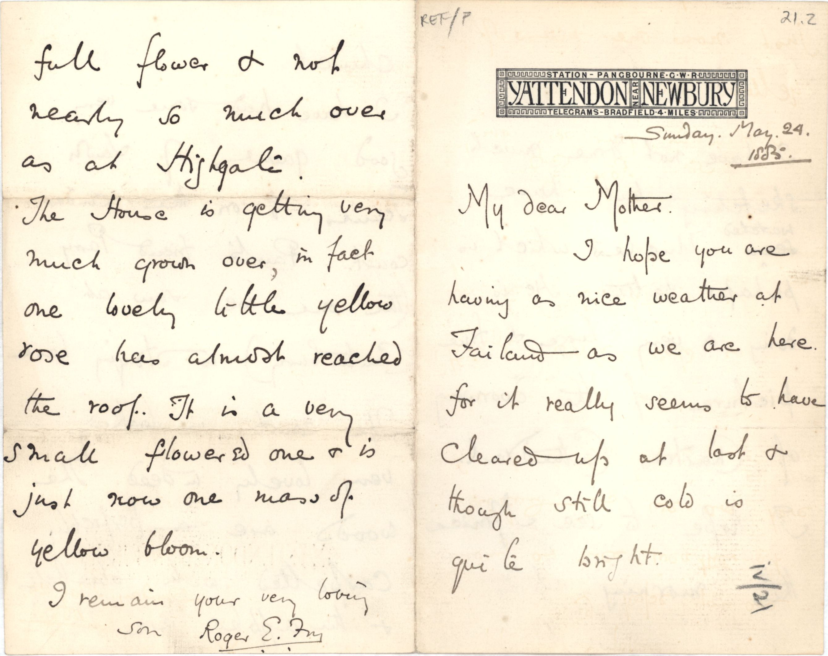 Letter from Roger Fry to his mother, 24 May 1885, describing a visit to the Waterhouses. [REF/3/57]
