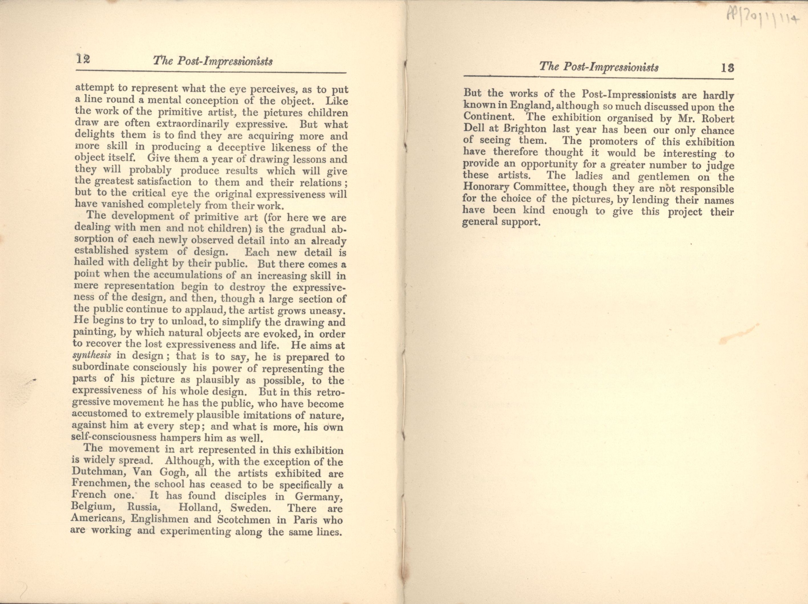 Preface to the ‘Manet and the Post-Impressionists’ exhibition catalogue. [JMK/PP/70/1]