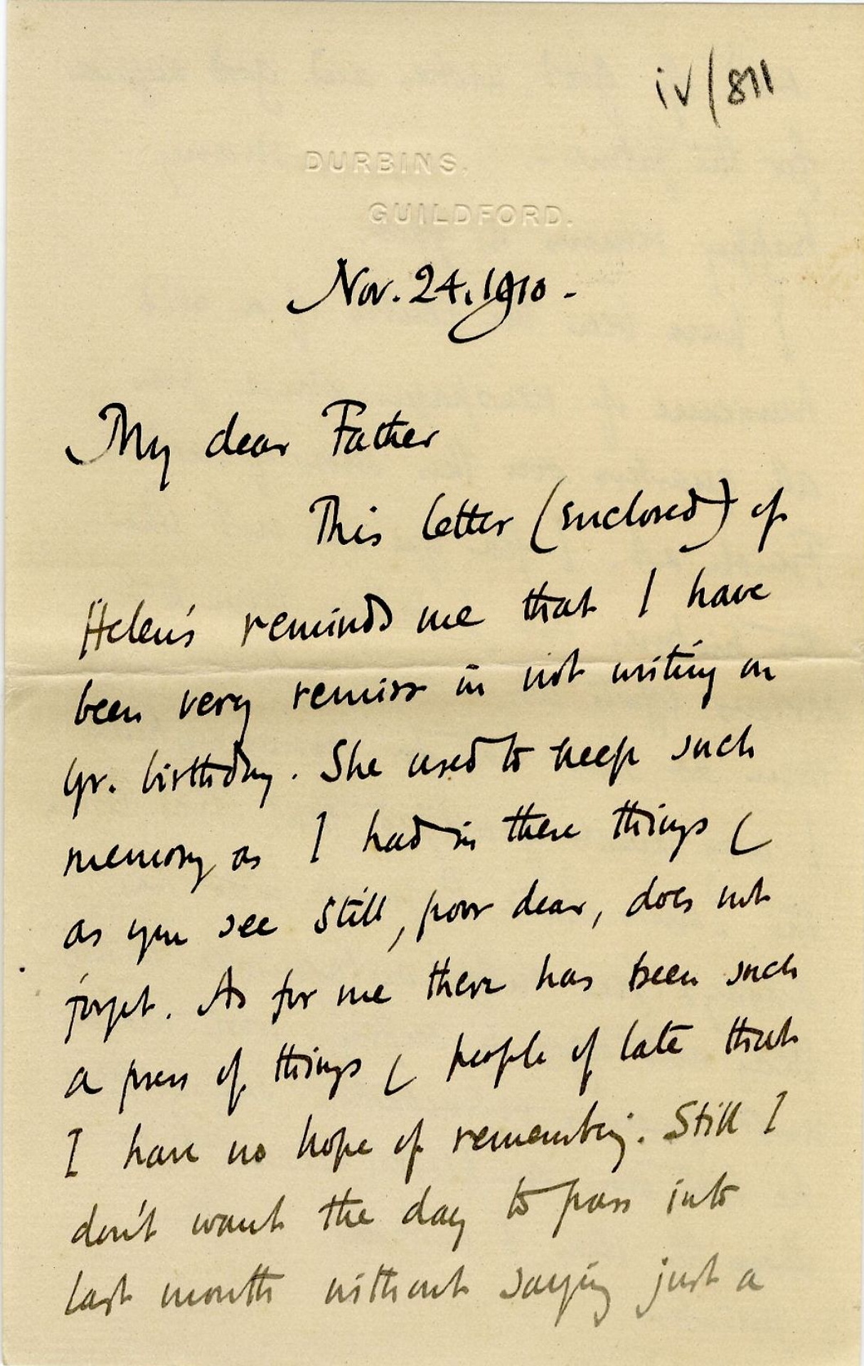 First page of a letter from Roger Fry to his father, 24 November 1910, concerning the press’ reaction to the exhibition. [REF/3/57/37]