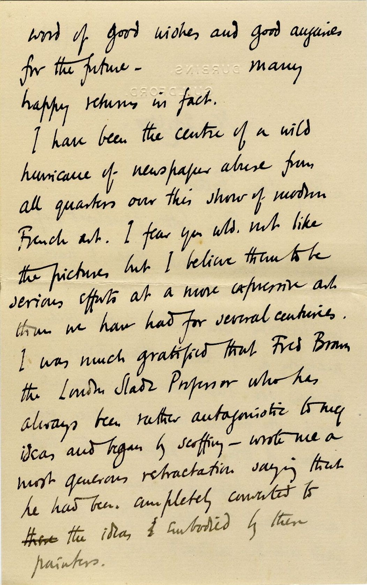 Second page of a letter from Roger Fry to his father, 24 November 1910, concerning the press’ reaction to the exhibition. [REF/3/57/37]
