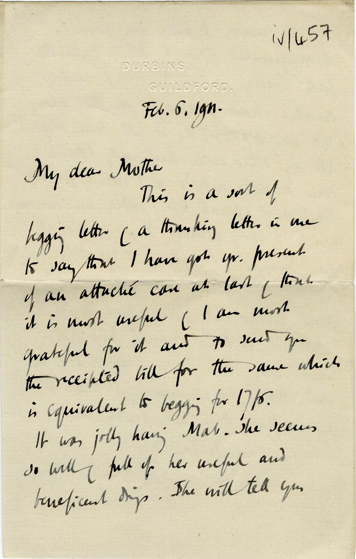 First page of a letter from Roger Fry to his mother, 6 February 1911, concerning his refusal of the Directorship of the Tate Gallery. [REF/3/57/37]
