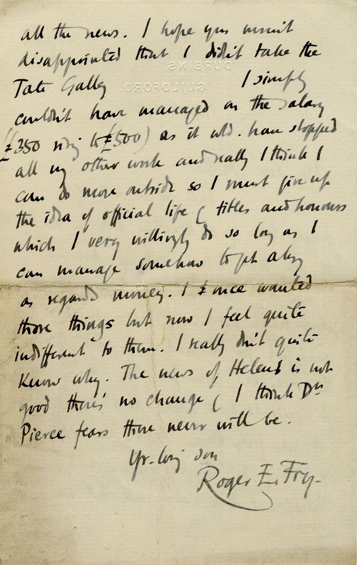 Second page of a letter from Roger Fry to his mother, 6 February 1911, concerning his refusal of the Directorship of the Tate Gallery. [REF/3/57/37]